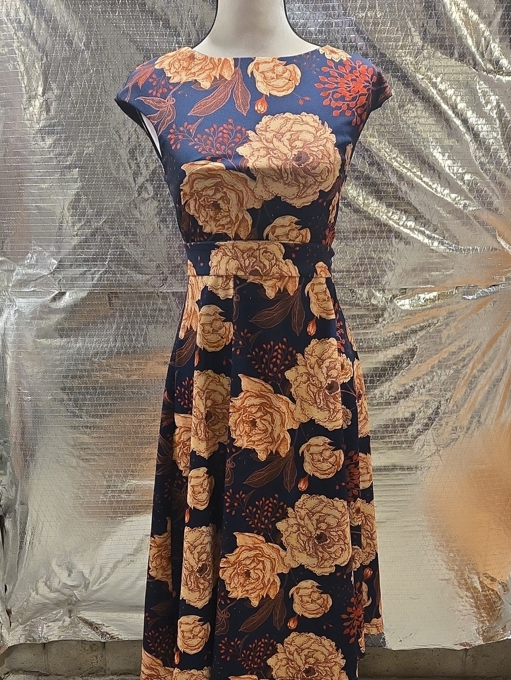 Navy Midi Dress with Tan Floral Print